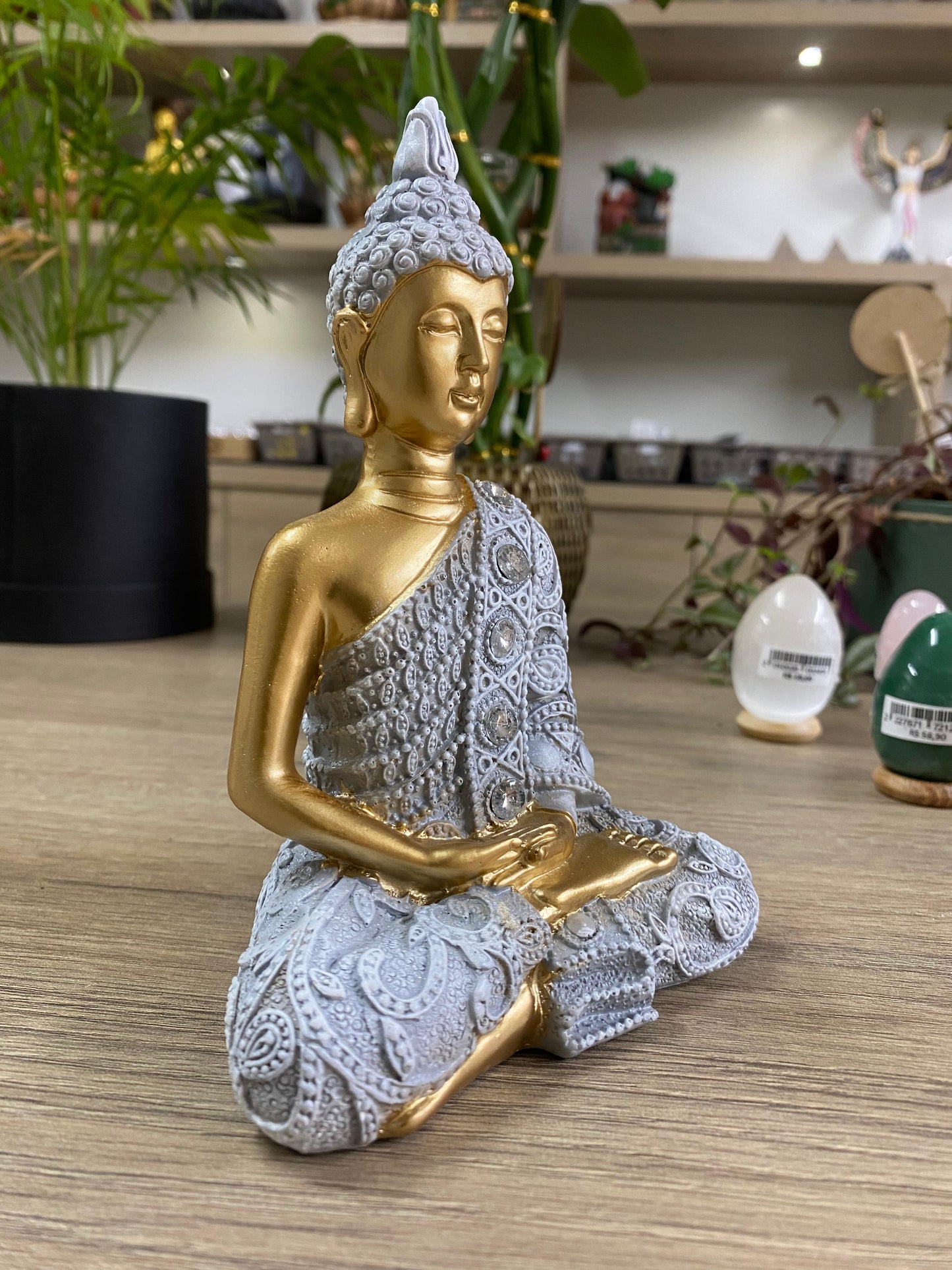 Buda de Resina P - Cinza com Dourado