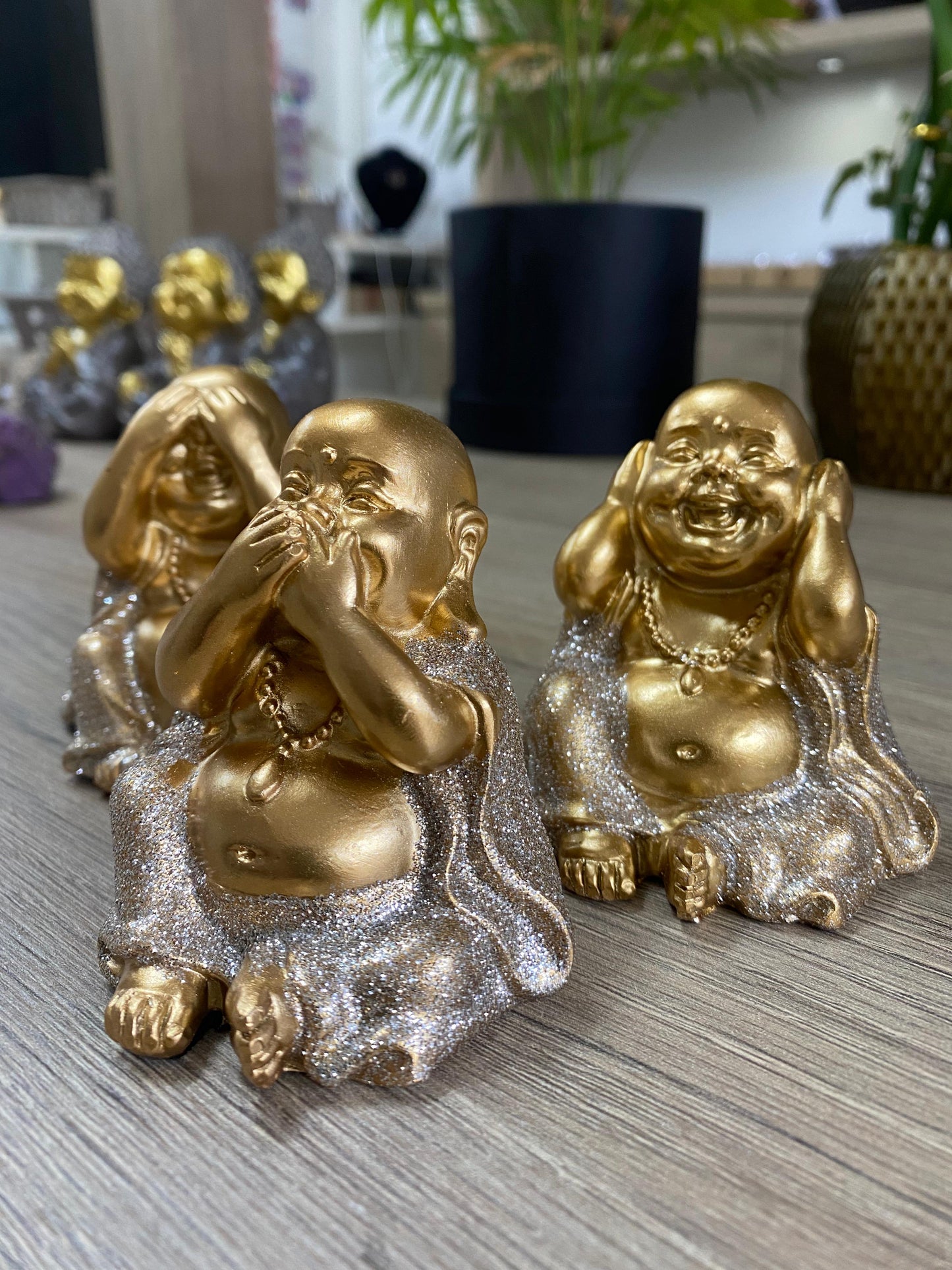 Trio de Budas Sentidos - Dourado Glitter