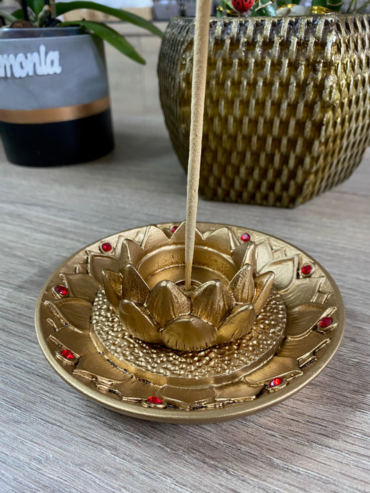 Incensário de Resina Prato - Flor de Lótus Dourado