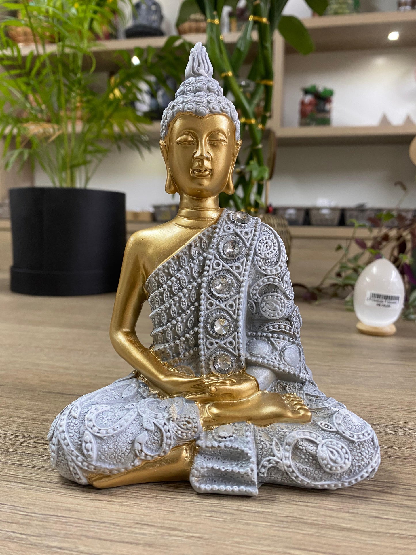 Buda de Resina P - Cinza com Dourado