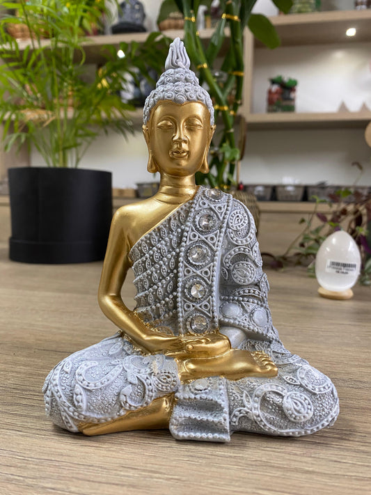 Buda de Resina P - Cinza com Dourado