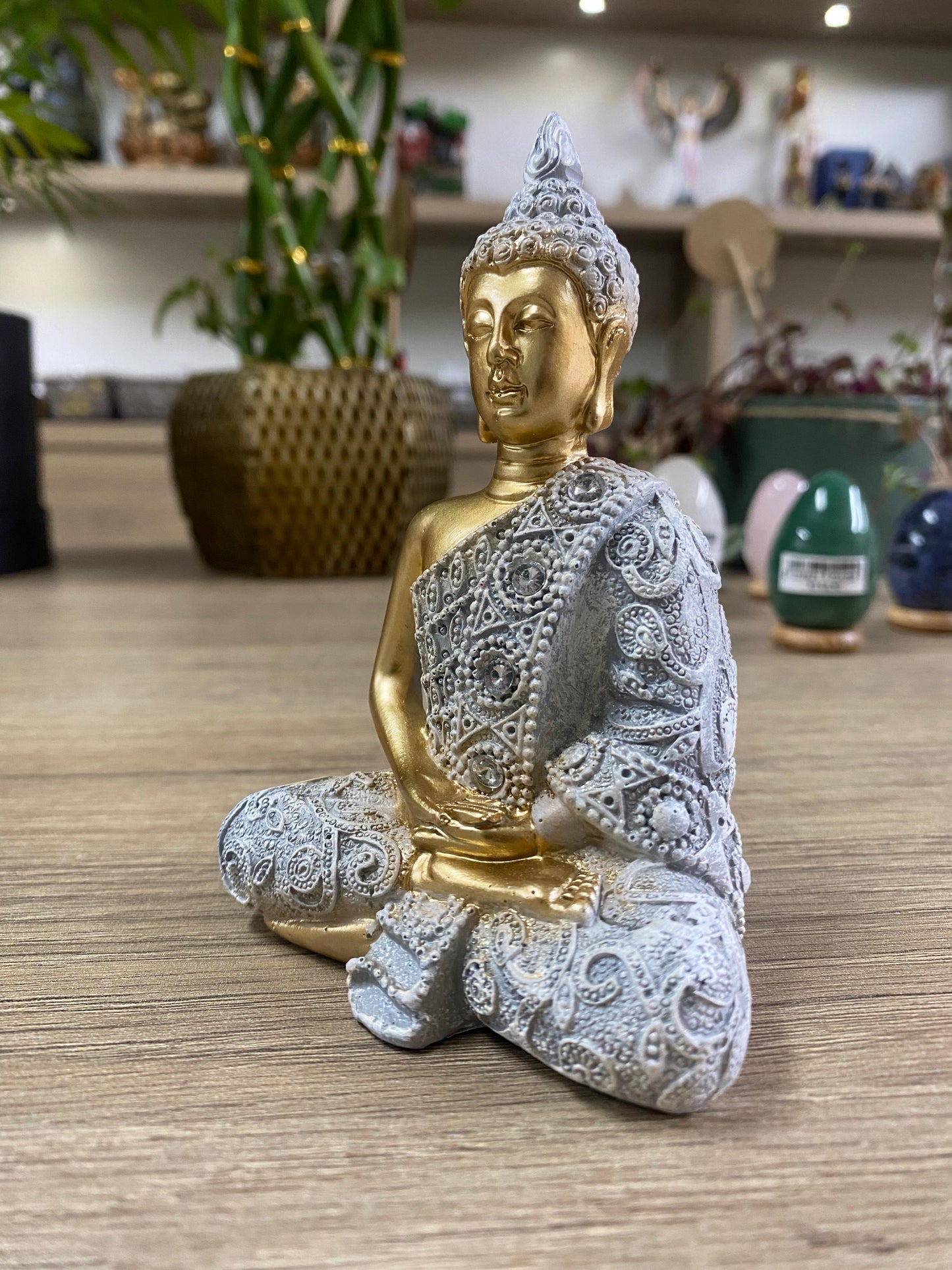 Buda de Resina P - Cinza com Dourado