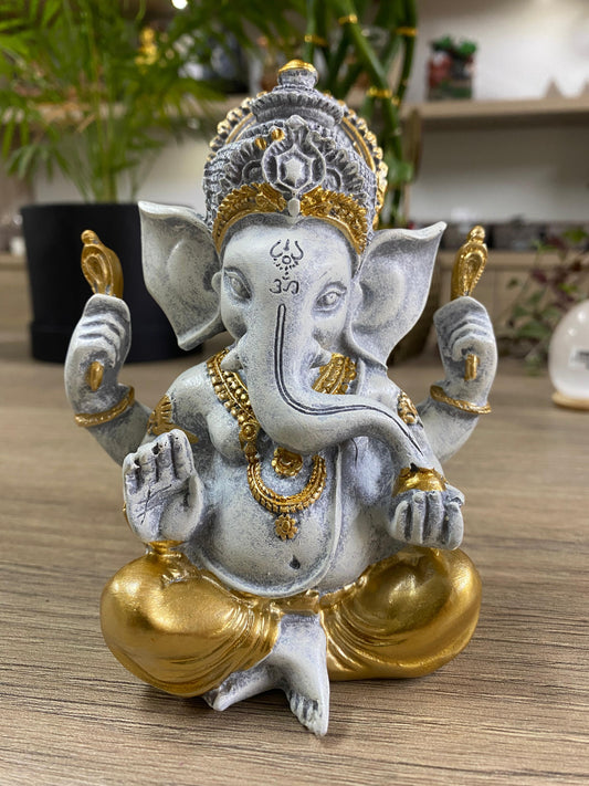 Ganesha Cinza com Dourado - M