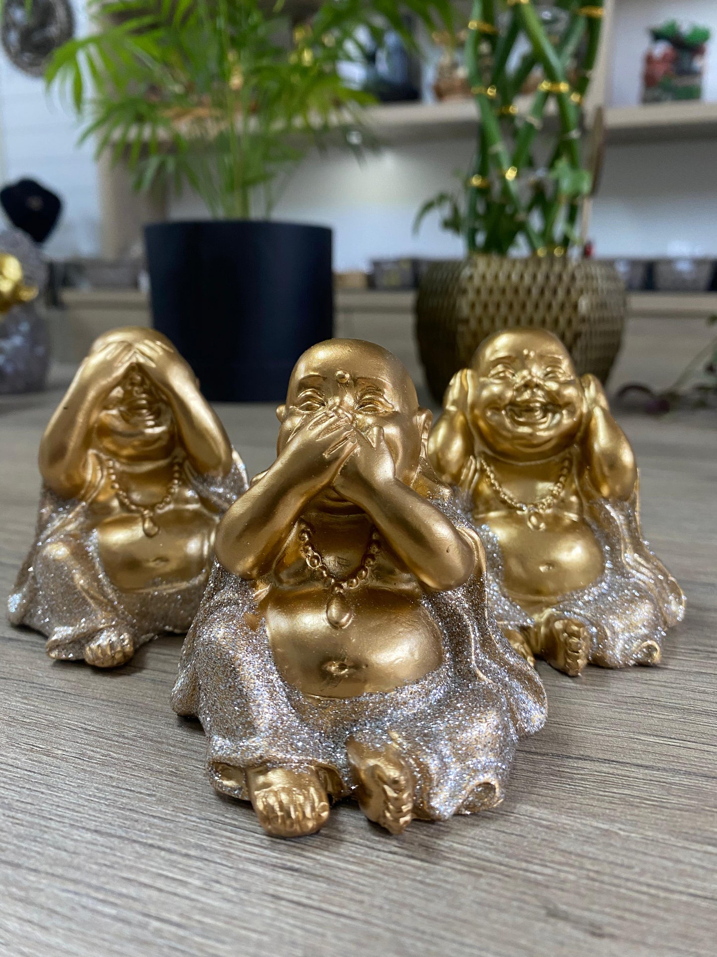 Trio de Budas Sentidos - Dourado Glitter