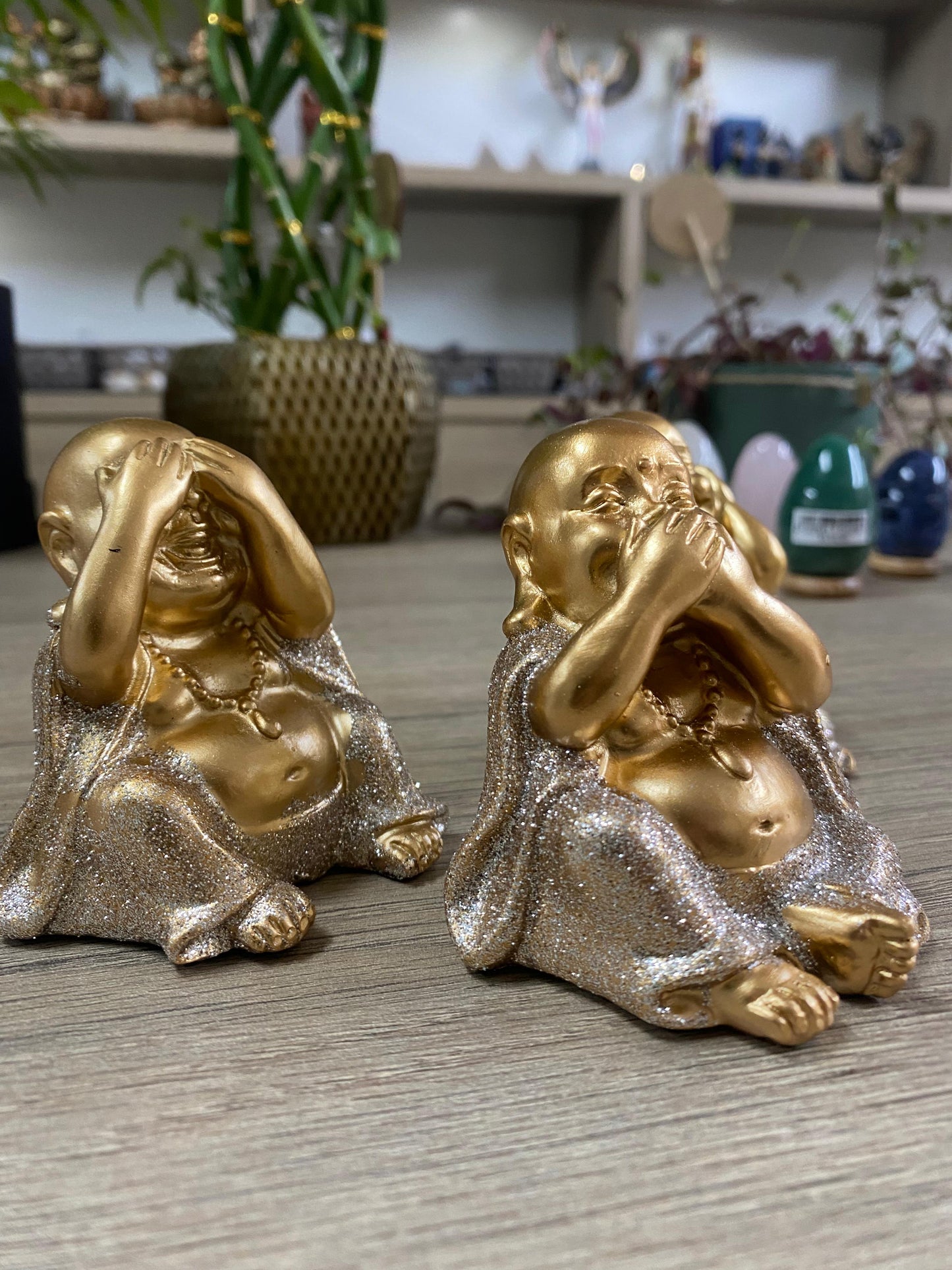 Trio de Budas Sentidos - Dourado Glitter