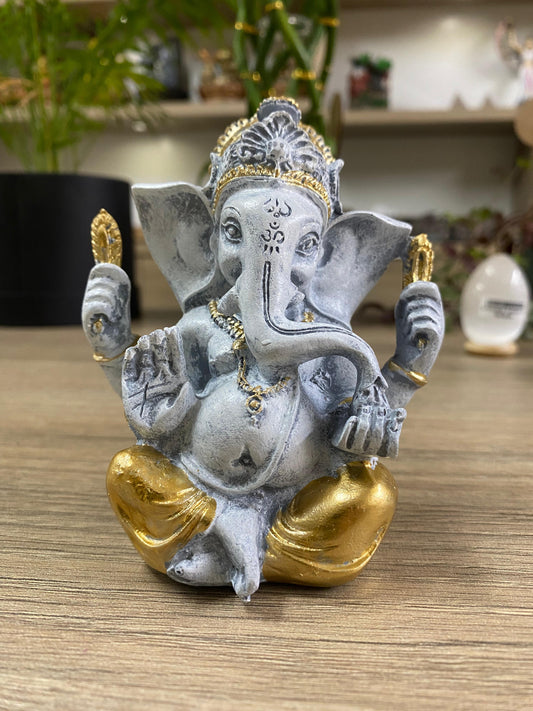 Ganesha Cinza com Dourado - P