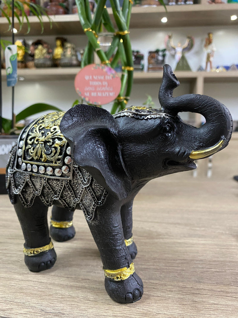 Elefante em Resina Preto e Dourado