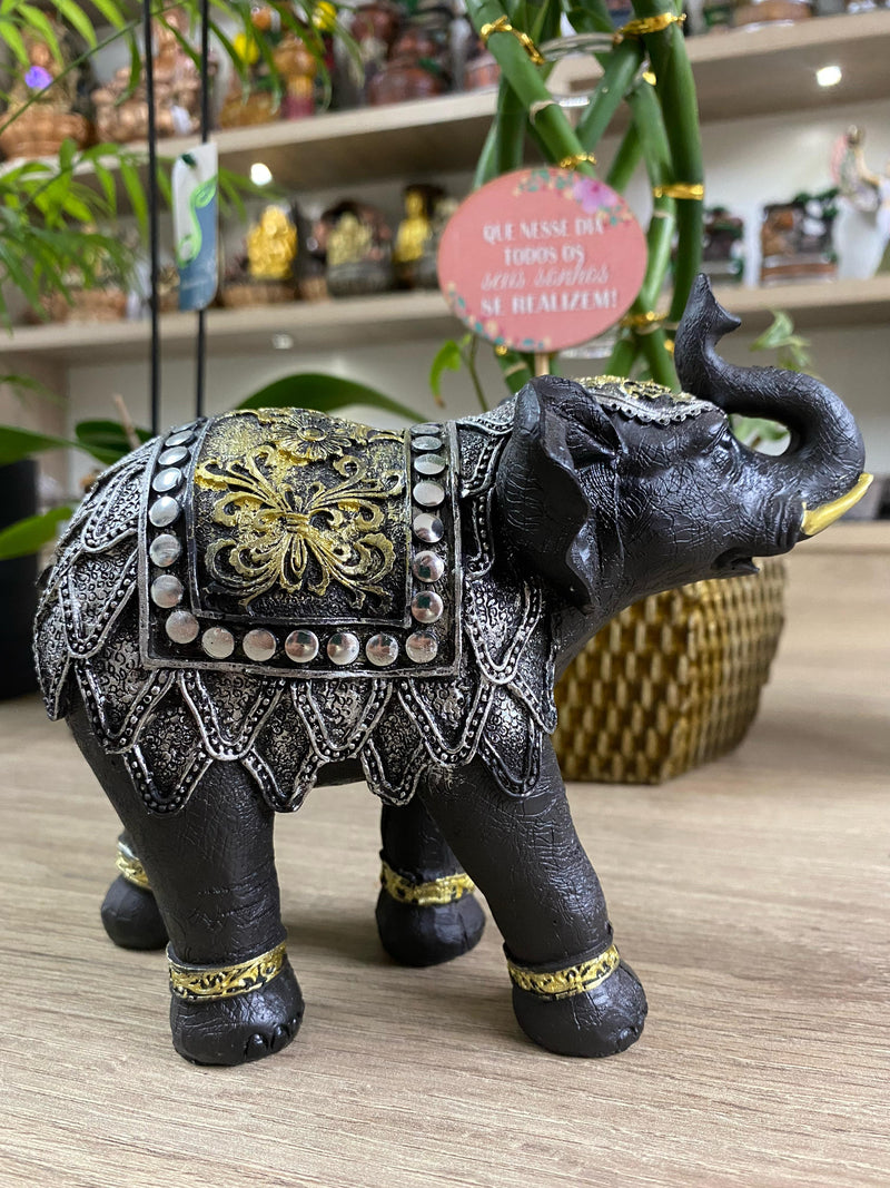 Elefante em Resina Preto e Dourado