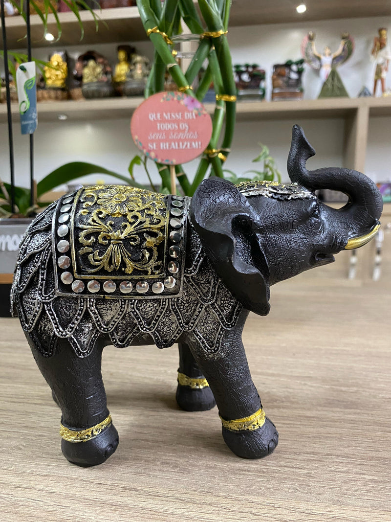 Elefante em Resina Preto e Dourado