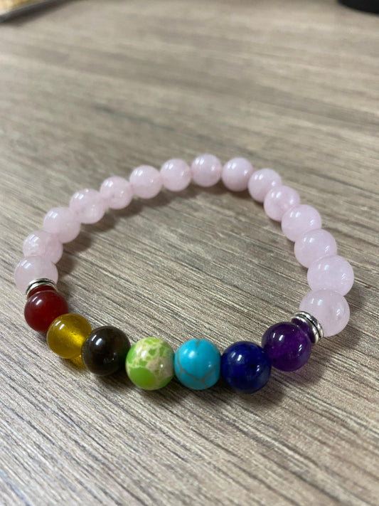 Pulseira de Quartzo Rosa com Pedras dos 7 Chakras