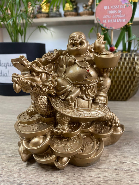 Buda da Fortuna Dourado - Sentado em um Dragão